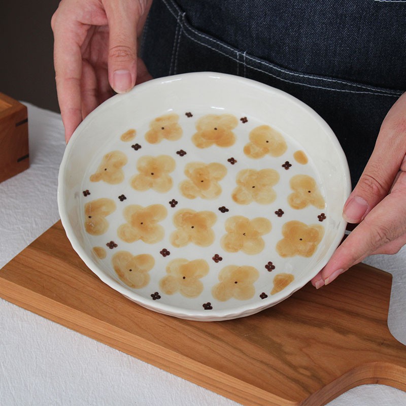 川谷 日式花朵手工陶瓷盘子菜盘家用手捏双耳盘子点心盘果盘家用