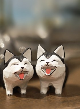 鹿妖商店 开心狗子 纯手工木雕摆件 柯基 哈士奇实木动物桌面雕塑