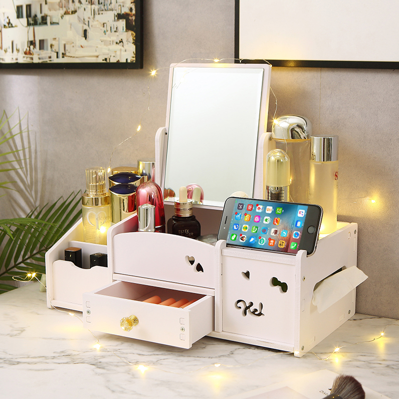 镜子化妆镜台式桌面宿舍学生卧室家用少女心大号圆镜带收纳梳妆镜