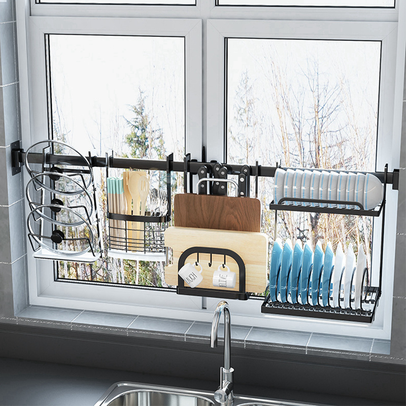 免打孔不锈钢多功能厨房窗台置物架窗户壁挂式黑色挂杆挂钩收纳架