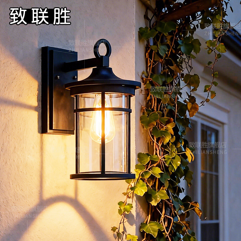美式复古工业风户外防水壁灯黑色铝材庭院灯乡村外墙壁灯太阳能