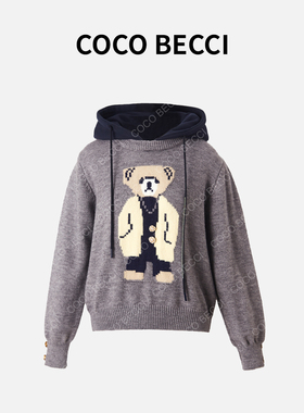 COCO BECCI【派对小熊】撞色连帽拼接毛衣YT24YW330018