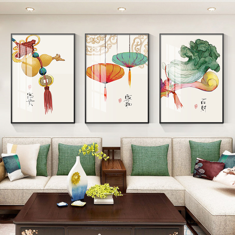 2026新款新中式客厅装饰画平安喜乐沙发背景墙挂画简约三联画壁画