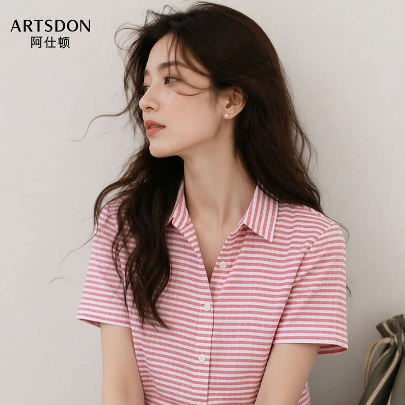 Artsdon/阿仕顿夏季款情侣日系条纹百搭宽松洋气半袖衬衫短袖衬衣