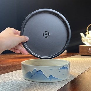 草木灰手绘远山釉下彩r储水壶承茶台陶瓷干泡盘家用养壶茶承储水