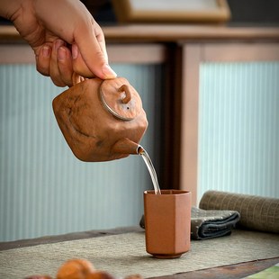 老岩泥茶壶单壶粗陶功夫泡茶壶泡茶家用手工鎏银四方X壶大容量陶