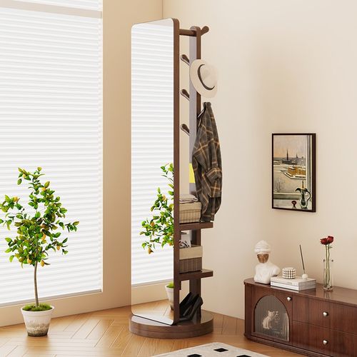 实木穿衣镜衣帽架镜子一t体家用全身镜卧室落地镜可移动旋转挂衣