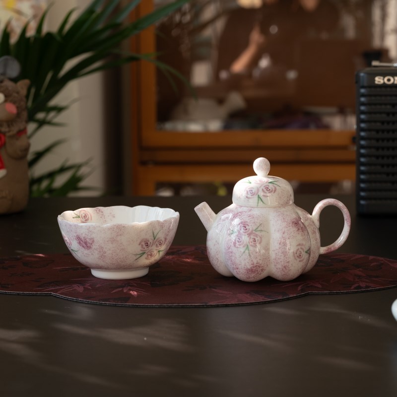 文小橙 b粉紫手绘玫瑰花家用便携包 陶瓷釉下彩泡茶壶中式旅行茶