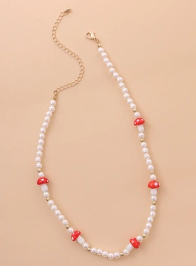欧美饰品 潮流简约红色蘑菇珍珠项链女 新品时尚个性短款项饰
