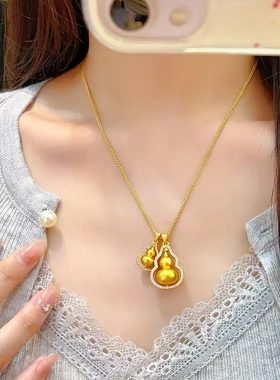S925古法金韦雪同款点钻双葫芦项链黄金色福禄挂坠毛衣链吊坠首饰