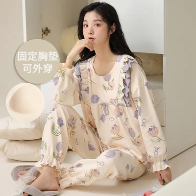 睡衣女款夏季带胸垫一体纯棉长袖套装2025新款春秋女士大码家居服