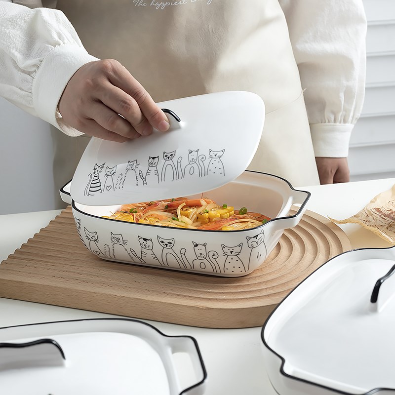 双耳烤盘带盖长方形陶瓷芝士焗饭烤碗F家用微波炉空气炸锅烤箱专