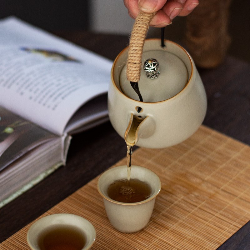 米黄一壶a两杯陶瓷提梁壶旅行茶具家用茶壶开片可养泡茶壶礼品定