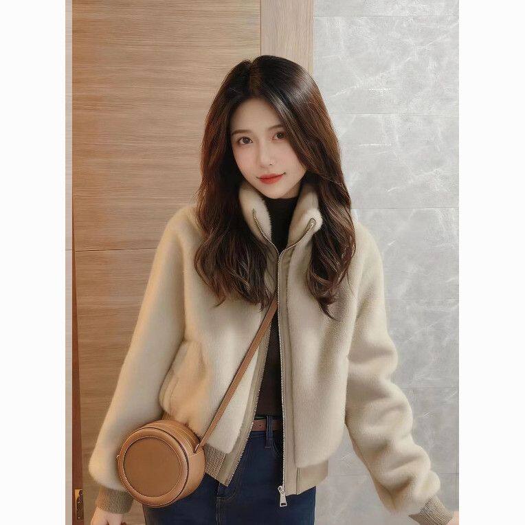 毛绒短外套女秋冬加厚立领小香风浅咖色外套女冬季潮小个子上衣
