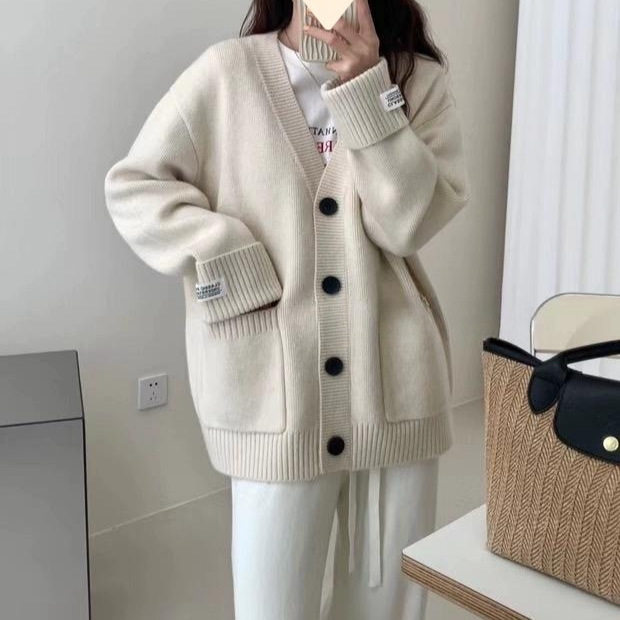 秋冬新款复古针织开衫女韩版宽松显瘦卷边袖贴布口袋软糯毛衣外套
