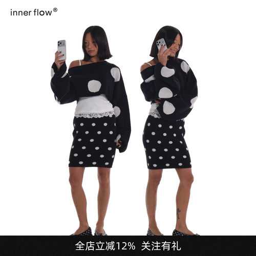 INNERFLOW春季大波点斜肩毛衣+白色蕾丝吊带+小波点半身裙套装女