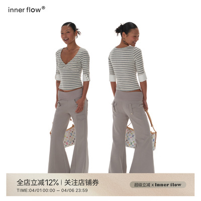 INNERFLOWOL风春季灰白条纹铆钉五分袖上衣中袖百搭短款V领T恤