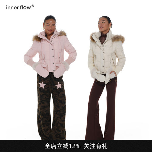 INNERFLOW冬季时尚保暖白鹅绒貉子毛毛领连帽短款羽绒服送手套