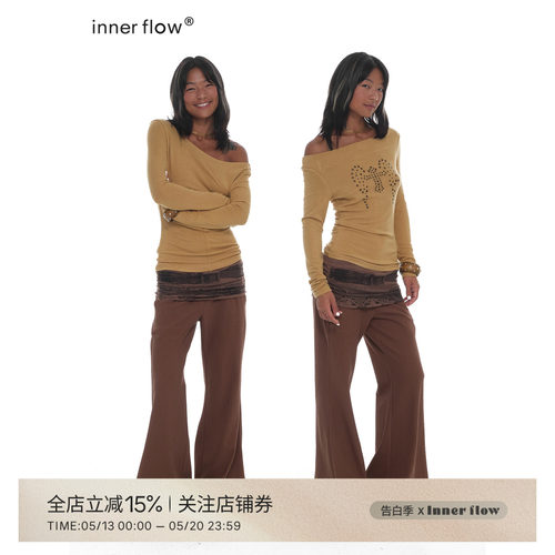 INNERFLOW慵懒美学系列”醋酸十字古铜色烫钻斜肩正反面两穿上衣