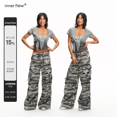 INNERFLOW夏季烫钻条纹抹胸+灰色罩衫+迷彩长裤修身三件套套装女