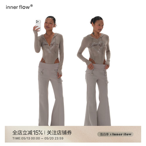 INNERFLOW休闲风松木色连体长袖t恤女夏季修身连帽印花烫钻上衣