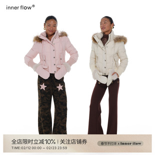 INNERFLOW冬季时尚保暖白鹅绒貉子毛毛领连帽短款羽绒服送手套