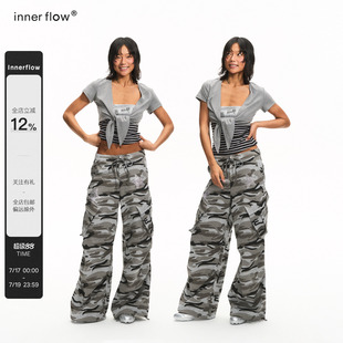 INNERFLOW夏季烫钻条纹抹胸+灰色罩衫+迷彩长裤修身三件套套装女