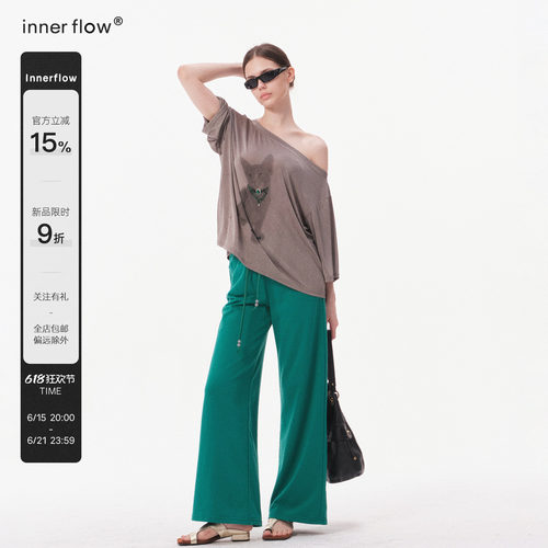 INNERFLOW6.15 20点 新品9折 烫钻猫咪印花斜肩宽松上衣