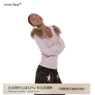 INNERFLOW修身薄绒粉色运动收腰外套毛领连帽拉链烫钻春季卫衣女