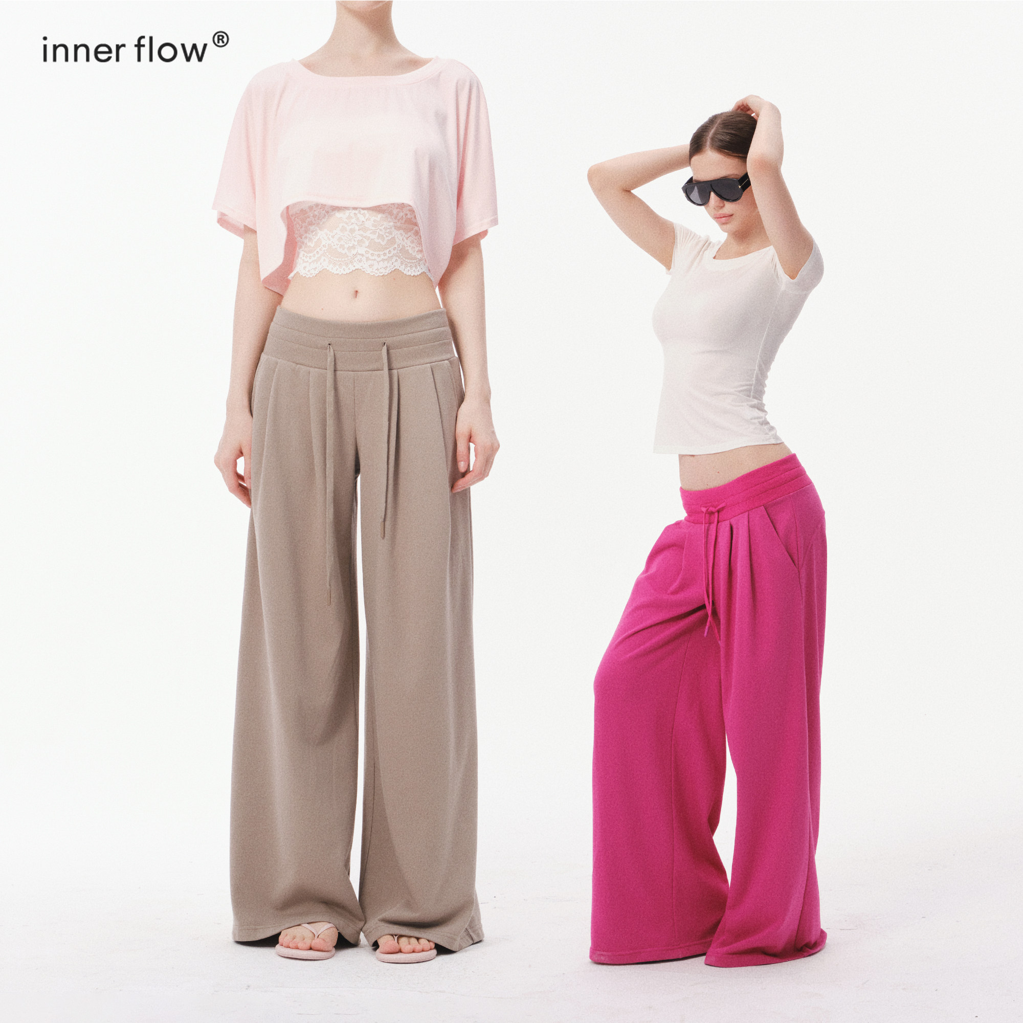 INNERFLOW 2026秋季新款经典多色低腰休闲裤女长裤抽绳阔腿裤卫裤图片