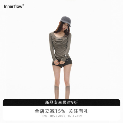 INNERFLOW 军绿色兰精天丝拿破仑设计感打底内搭荡领上衣打底衫女