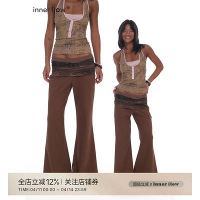 INNERFLOW复古印迹 春季腰带印花喇叭裤翻腰头低腰长裤运动休闲裤