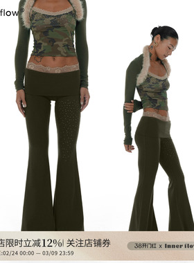 INNERFLOW午后伸展 冬季军绿色蕾丝烫钻翻边长裤磨毛休闲喇叭裤