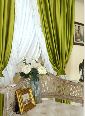 复古法式乡村洛可可木耳边牛油果绿色丝绒窗帘小清新卧室