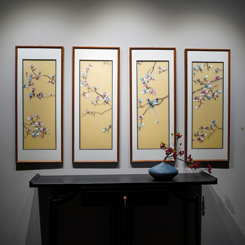 新中式花鸟四联玉兰花鸟手工刺绣背景墙框的成品挂画