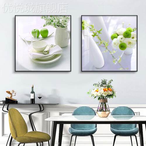 网红新中式免打孔二现画餐厅装饰画代联简约饭厅壁画风背景墙