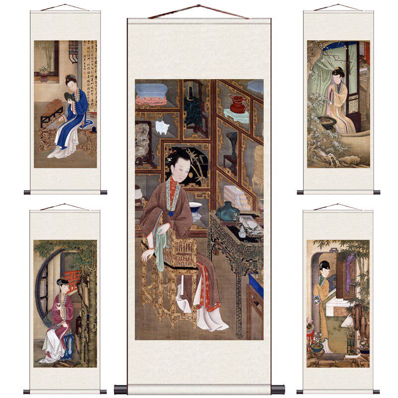 古仕女图丝绸挂画卷轴画国画雍正十二美人博古思幽酒店包厢挂画