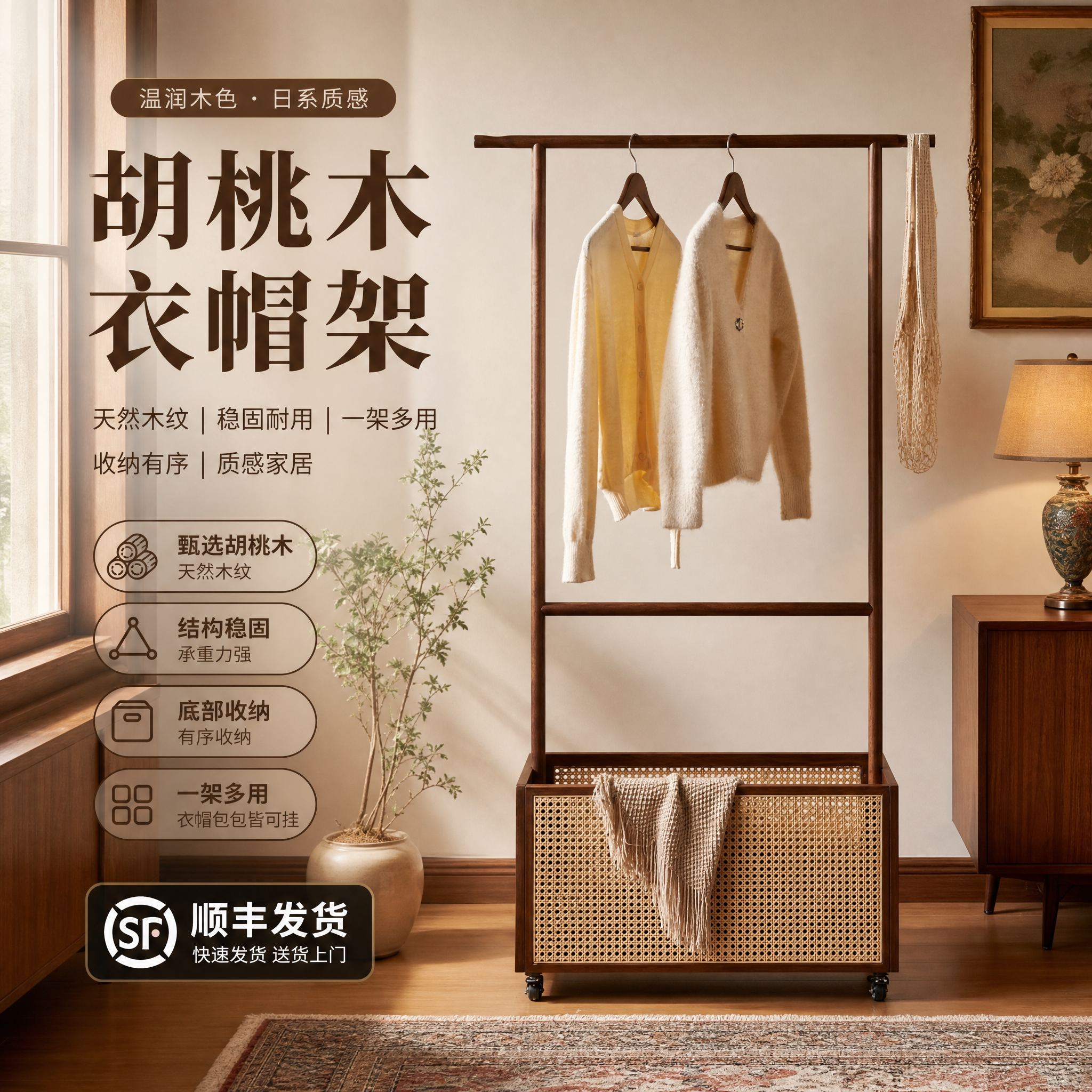 家用卧室衣架落地带脏衣篮可移动衣帽架收纳藤编不占空间的挂衣架