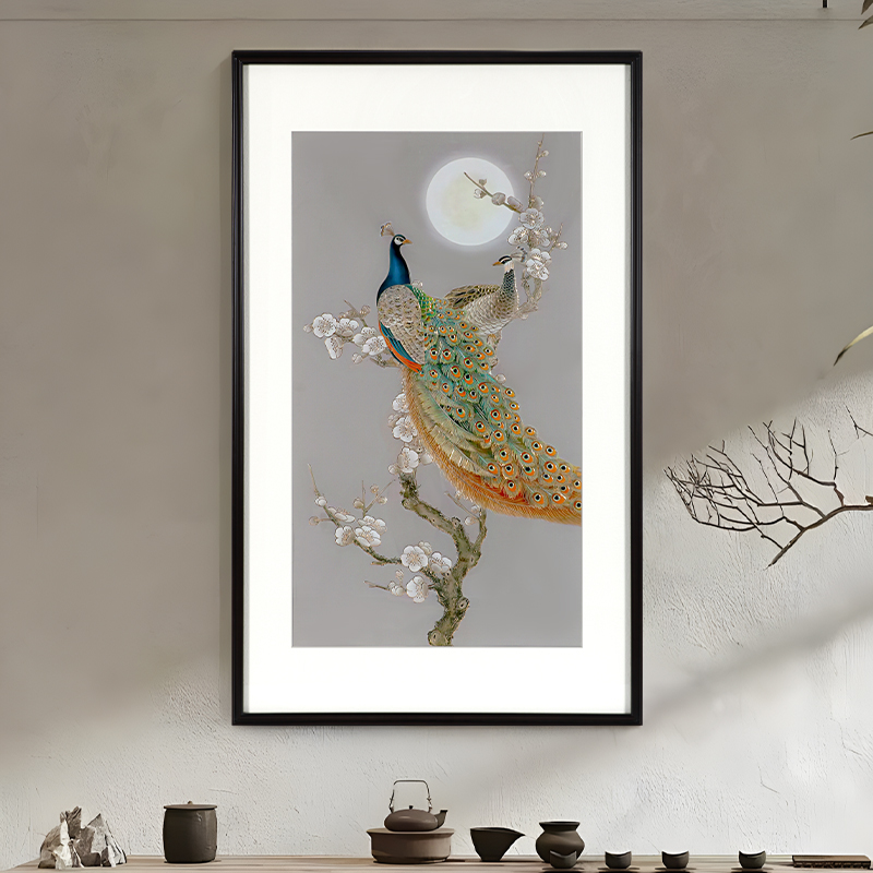 新中式竖版玄f关背景墙装饰画富贵吉祥手工雕刻铜雕画高档孔雀壁图片