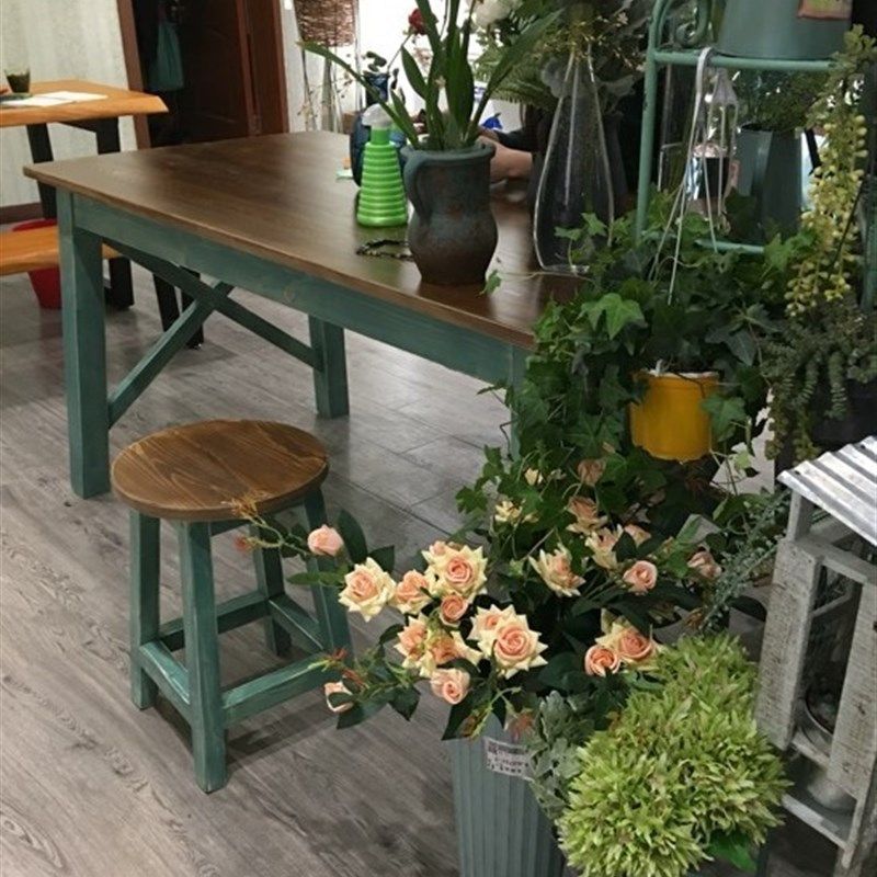 实木桌子快餐椅子组合餐饮店花店艺术包花桌工作台复古彩色餐桌椅