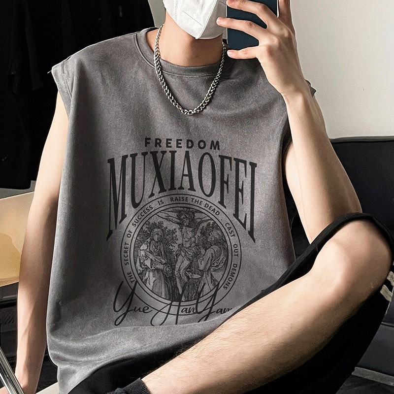 麂皮绒夏季重磅男士背心潮流宽松美式健身坎肩篮球运动无袖T恤男