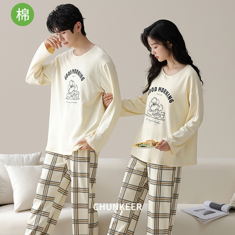 100%棉秋冬季纯棉情侣睡衣女