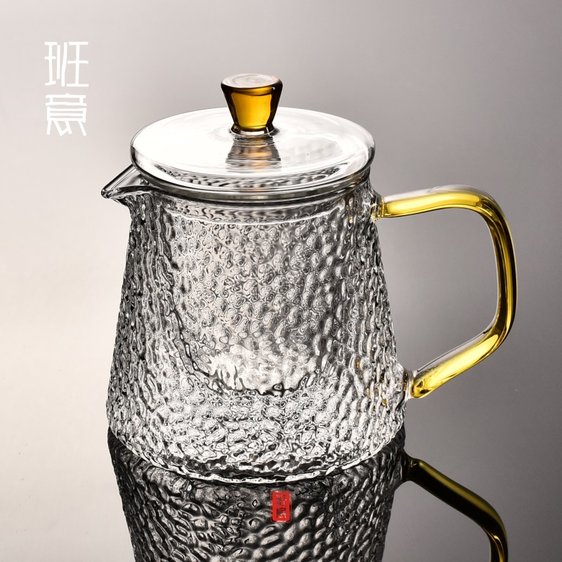 班意 锤纹耐热玻璃过滤三件套茶杯办公水杯有盖内胆带把泡茶杯