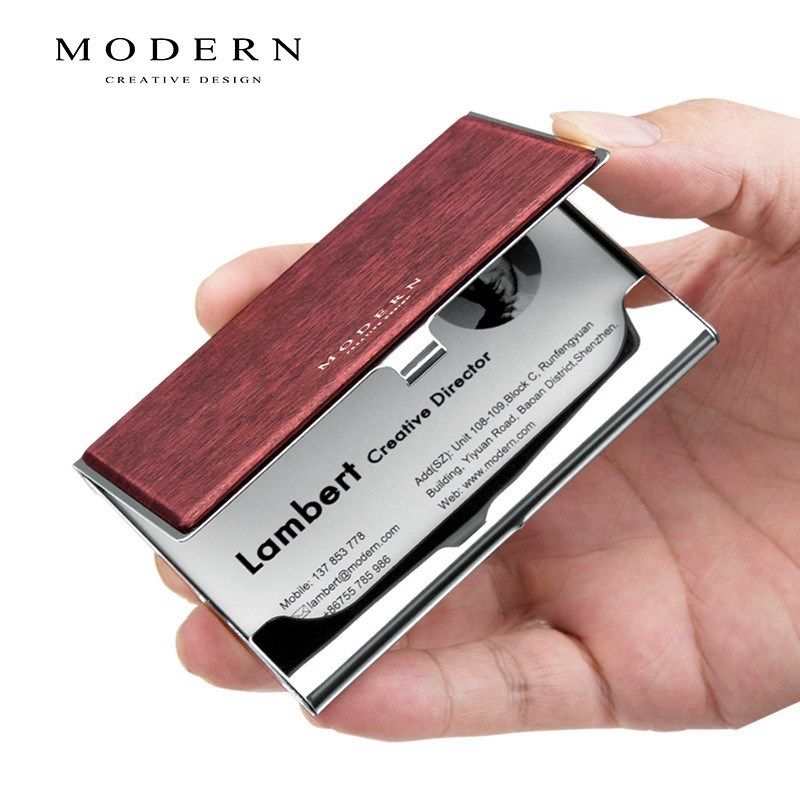 德国MODERN不锈钢名片夹 商务时尚木制名片盒创意高档超薄大容量