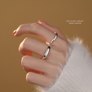 s999足银素圈光面戒指女极简设计简约网红对戒可刻字可调节开口戒