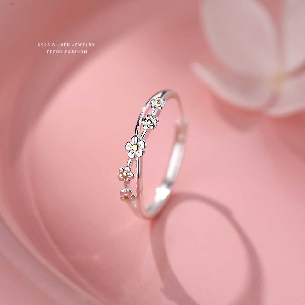 S925银连枝桃花朵朵戒指