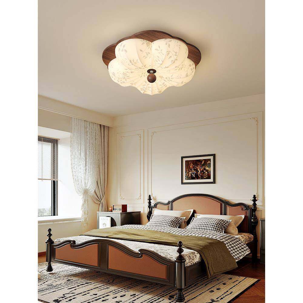 宋代美学复古卧室灯吸顶灯中古客厅灯圆形布艺胡桃木纹主卧书房灯