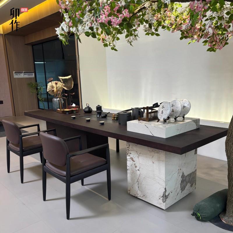 新中式北美黑胡桃木茶桌岩板岛台现代高端实木极简泡茶台别墅家用