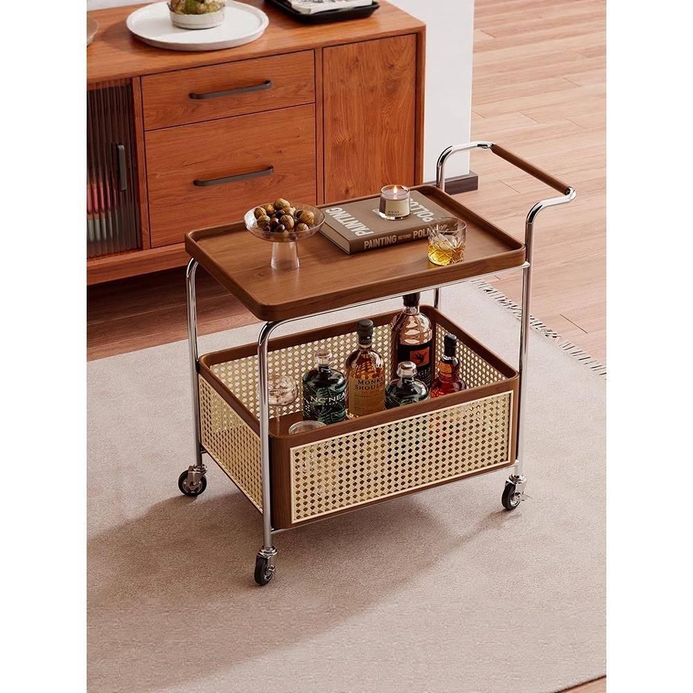 实木可移动沙发边几中古风小推车客厅茶几藤编储物置物架网红餐车