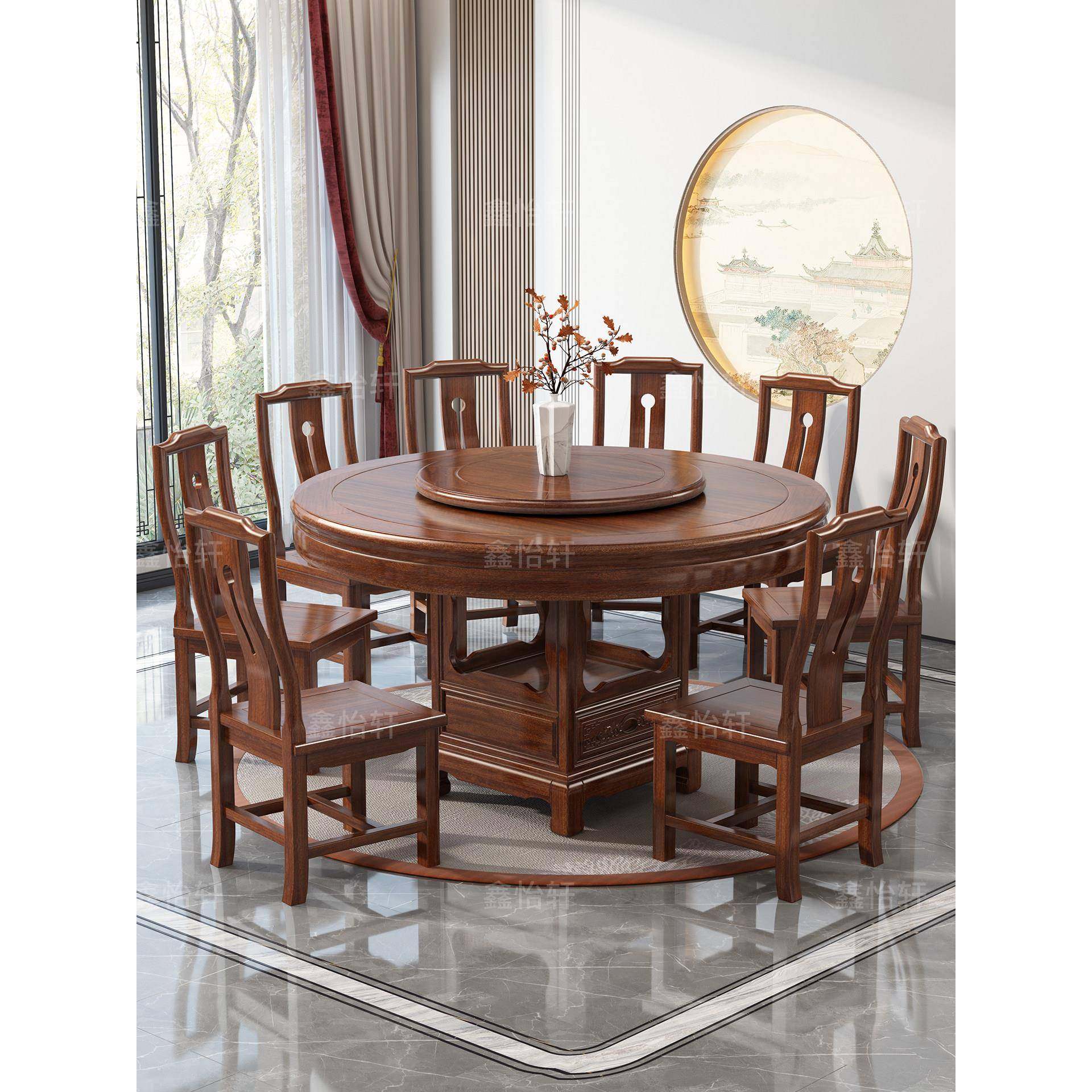 新中式全实木圆餐桌椅组合餐厅家用吃饭桌子圆形大圆桌带转盘10人,住宅家具,实木餐桌,淘宝优惠券,粉丝福利购,淘宝优惠卷